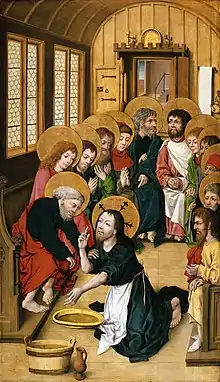 Christ Washing the Feet of the Apostles by Meister des Hausbuches, 1475; only Judas (near right) lacks a halo.