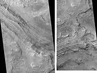 Two views of Melas Chasma Layered Deposits, as seen by HiRISE.  Left picture lies north of other picture on the right.  Pictures are not the same scale.  Click on image to see details of layers.