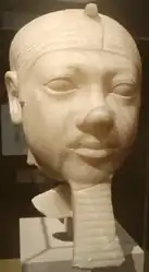 Fragmentary alabaster statue head of believed to depict either Menkaure or Shepseskaf at the Boston Museum of Fine Arts.