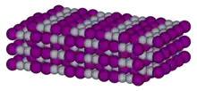 Spacefil model of crystalline mercury(I) iodide