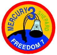 The circular patch depicts a Mercury capsule and a map of Florida, indicating the ballistic path of the capsule into the Atlantic Ocean. The words say: "Mercury 3 – Shepard – Freedom 7"