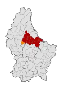 Map of Luxembourg with Mertzig highlighted in orange, and the canton in dark red