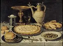 Table with Orange, Olives and Pie, probably 1611, with the "signed knife", from the Prado set