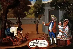 Casta painting. "Spanish and Indian produce Mestizo", 1780.