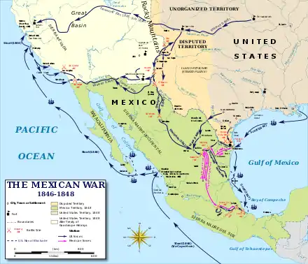 Map of the southwestern United States, including Texas, and also displaying Mexico, with the movements of the forces in the war marked on it