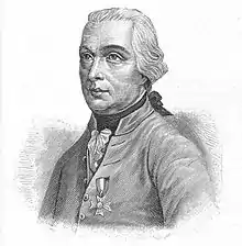 Black and white print shows a clean-shaven white-haired man in a white military uniform. He is shown standing from head to waist.