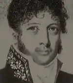 Black and white print shows a clean-shaven man with very curly hair. He wears a coat with a high embroidered collar.