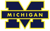 A blue block M with maize-colored borders and the word Michigan across the middle.