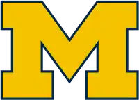 A blue block M with maize-colored borders and the word Michigan across the middle.