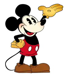 A smiling cartoon mouse with round ears, red shorts with white buttons, gloves, and round shoes.