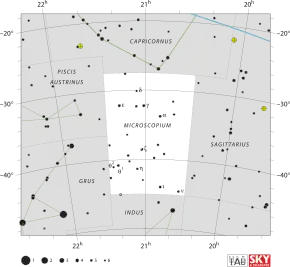 Diagram showing star positions and boundaries of the Microscopium constellation and its surroundings