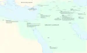 Map of the Middle East with the main areas and events associated with the mihna labelled