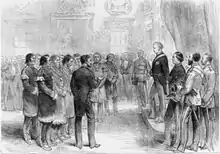 Grand Chief Jacques-Pierre Peminuit Paul (3rd from left with beard) meets Governor General of Canada, Marquess of Lorne, Red Chamber, 1879