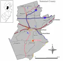 Location of Millstone in Somerset County highlighted in yellow (right). Inset map: Location of Somerset County in New Jersey highlighted in black (left).