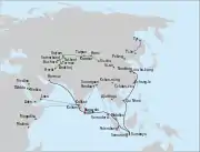 Yishiha's voyages in the context of military and diplomatic activities in the Yongle era of the Ming dynasty. Yishiha's route is in blue, along with those of Zheng He (in black) and Chen Cheng (in green).