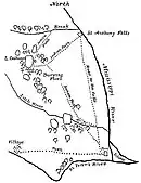 Line drawing of the location of villages and paths, map shows the Minnesota River (then called St Peter), the Mississippi, Minnehaha Creek, Saint Anthony Falls, and several lakes