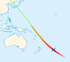 Map of the Pacific Ocean with a trail running from the top left corner to the bottom right corner, with a cross near the end.