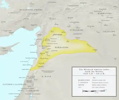 Blank map of the western Fertile Crescent, with the domains of the Mirdasid Emirate highlighted in yellow and the major towns and districts marked