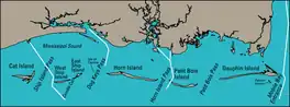 Map of the Mississippi–Alabama barrier islands and the coastlines of Mississippi and Alabama