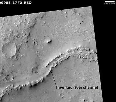 Inverted channel in Miyamoto, as seen by HiRISE. The scale bar is 500 meters long.