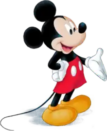 A smiling cartoon mouse with round ears, red shorts with white buttons, white gloves, and yellow shoes