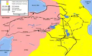 This map shows the approximate campaign paths of Heraclius in 624, 625, and 627–628