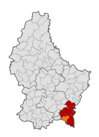 Map of Luxembourg with Mondorf-les-Bains highlighted in orange, and the canton in dark red