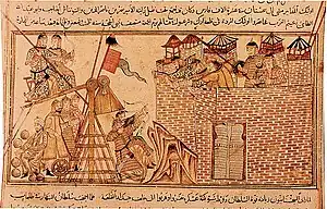 The Mongols besieging a city in the Middle East. The black banner can be seen behind the trebuchet, early 14th-century miniature from a ms. of Rashid al-Din's   "History of the World" (Edinburgh University Library)