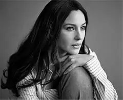 A black and white portrait of Bellucci