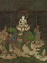 Monju crossing the sea. Hanging scroll, 143.0 cm × 106.4 cm. Color on silk. Located at Daigo-ji, Kyoto.