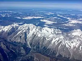 view across snowy mountains and glaciers