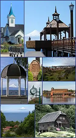 Top:Frutillar Lutheran Temple, Frutillar Bajo Dock, (left to right) Middle:View of Llanquihue Lake and Osorno Volcano, Francismo Tolo Monument in Bernando Avenue, Frutillar Reloj Monument, Frutillar Baja German Colonial Museum, Frutillar Baja Lke Theater (Teatro del Lago) (left to lower right) Bottom:View of Lake Llanquihue and Osorno Volcano, from Frutillar Bajo, A heritage house in Frutillar German Colonial Museum (left to right)