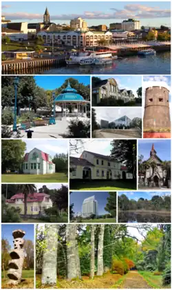 From top to bottom, left to right: Valdivia waterfront; town square; Hotel Naguilán (top); Sciences Building of Austral University (bottom); Los Canelos tower; Rodolfo Amando Philippi Museum; Historical and Anthropologic Museum Maurice van de Maele; St. Francisco Church; Prochelle House; Dreams Hotel & Casino; Los Lotos Lagoon on Teja Island; Mapuche's Rewe; and Botanical Garden of Valdivia