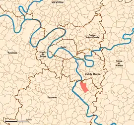 Location (in red) within Paris inner and outer suburbs