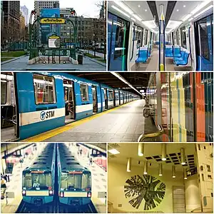 Left to right, from top: Hector Guimard's Paris Métro entrance at Square-Victoria–OACI; interior of the new MPM-10 ("Azur") trains; MR-73 train at Montmorency station; two MR-73 trains at Plamondon station; ceramic mural at Crémazie station