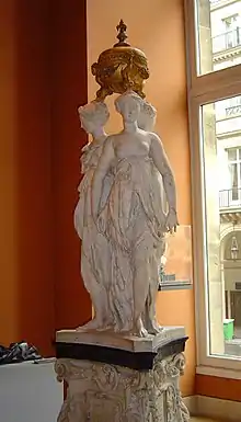 Monument to the Heart of Henry II, Louvre, Paris, sculpture of the Three Graces by Germain Pilon holding a replica of the urn that contained the king's heart