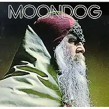 The title Moondog written above the head, in profile, of a man with a white beard