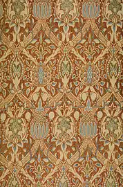 Granada woven silk velvet brocaded with gilt thread and blue areas block-printed, Morris, 1884