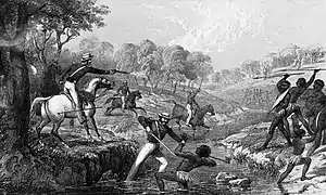 A tinted lithograph depicting the Waterloo Creek massacre of Indigenous warriors by the New South Wales Military Mounted Police.