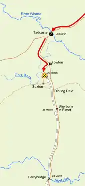 The Yorkist army moved north towards Towton, engaging in the Battle of Ferrybridge on 28 March and reaching Sherburn-in-Elmet on the same day. The Lancastrians moved southwards through Tadcaster. Both arrived at Towton on 29 March.