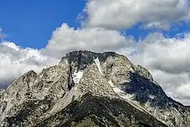 Mount Moran summit with Falling Ice Glacier at left and Skillet Glacier at right