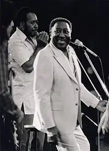 A photograph of Muddy Waters performing live at The Ontario Place, Toronto in June 1978. To the far left of Waters stands harmonica player James Cotton.