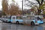 Two conjoined ZiU-9 trolleybuses in Krasnodar, with the second unit converted into a trailer.