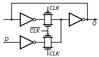 A gated D latch in pass transistor logic, similar to the ones in the CD4042 or the CD74HC75 integrated circuits