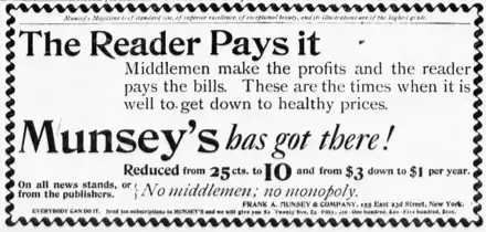 Advertisement including "The Reader Pays it: Middlemen make the profits and the reader pays the bills ... Munsey's has got there!  Reduced from 25 cents to 10"