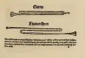 Virdung illustrated (1511 AD) bent trumpets including clareta, thin tubed to produce high notes. Thurner horn; may be thürmer (tower), as in tower watchmen.