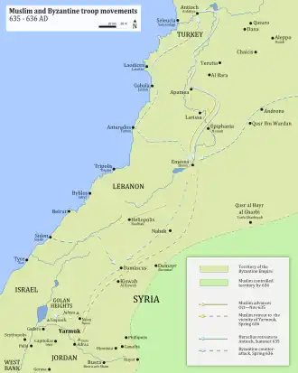 A map with Muslim-Byzantine troop movements from September 365 to just before the event of the Battle of the Yarmouk