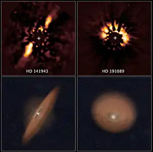 Debris disks detected in HST images of young stars, HD 141943 and HD 191089 - images at top; geometry at bottom.