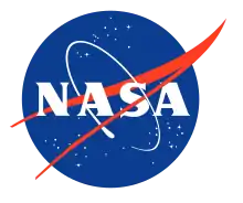 A blue sphere with stars, white letters N-A-S-A in Helvetica font; a red chevron representing wings, and an orbiting spacecraft