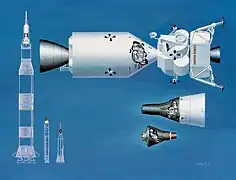 Drawings of Mercury, Gemini capsules and Apollo spacecraft, with their launch vehicles